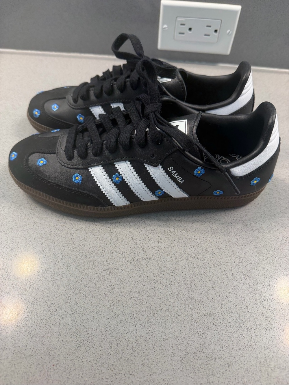 adidas Samba Black Leather Sneakers with White Stripes and Blue Floral Accents